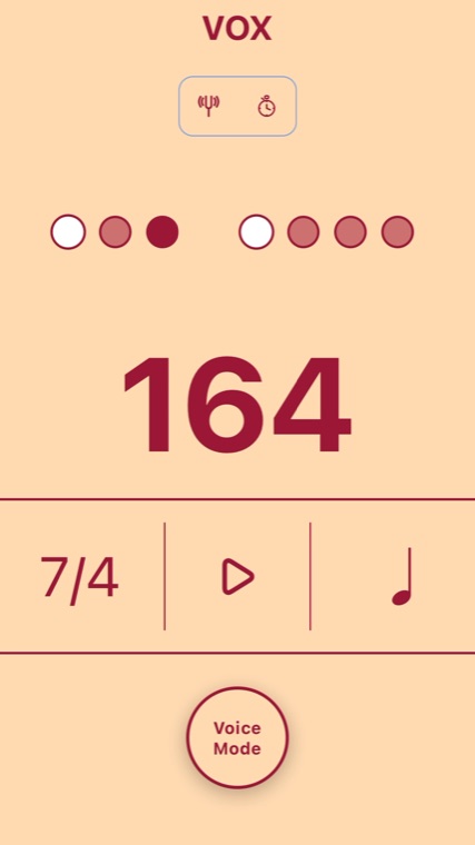 VOX Metronome - main screen at 164 BPM, 7/4